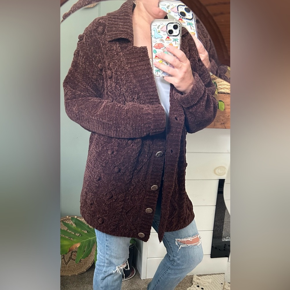 Vintage Brown Chunky Cable Knit Cardigan with Buttons